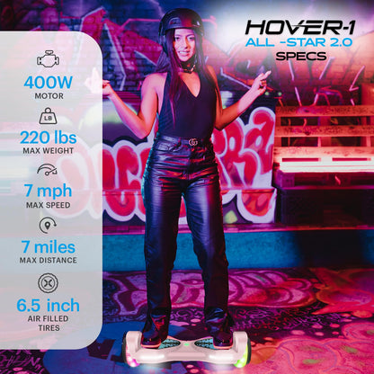 Hover-1 All-Star 2.0 Hoverboard 7MPH Top Speed, 7MI Range, Dual 200W Motor, 5HR Recharge, 220lbs Max Weight, LED Wheels & Headlights Self Balancing Scooters