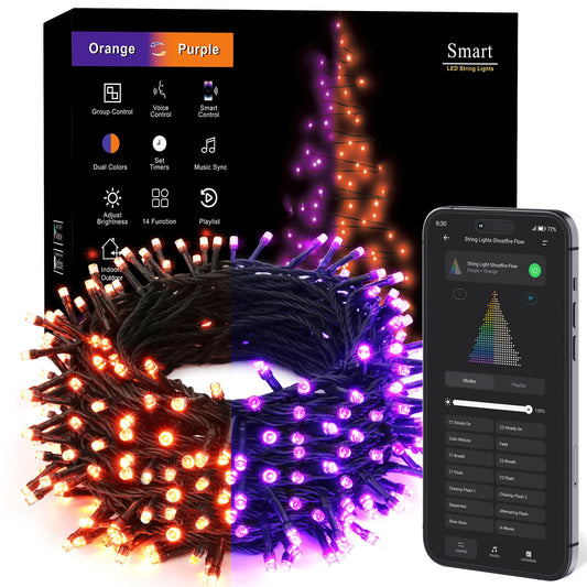 Brizled Smart Halloween Lights, 300 LED 98FT Orange & Purple Color Changing String Lights APP & Voice Control, Music Sync, Dimmable Ghostfire Flow Light for Outdoor Indoor Halloween Thanksgiving Decor