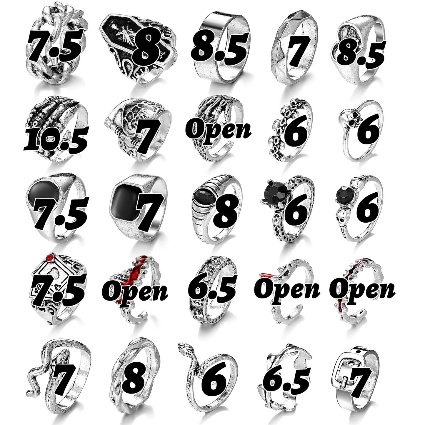 IFKM 25PCS Vintage Silver Knuckle Rings Set for Women, Stackable Joint Finger Statement Rings Bohemian Retro Hollow Carved Midi, Boho Halloween Skeleton Skull Snake Heart Chunky Stacking Pack (Halloween Skull)