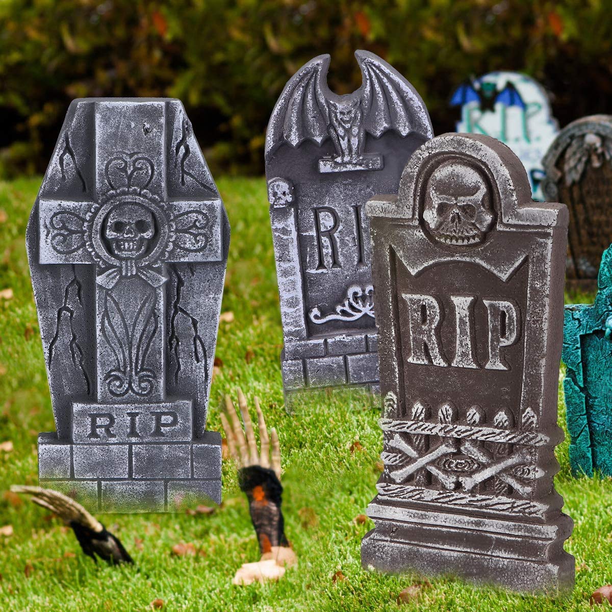 AYOGU 17” Halloween Foam RIP Graveyard Tombstones, 5 Pack Tombstone with 10 Metal Stakes for Halloween Decorations