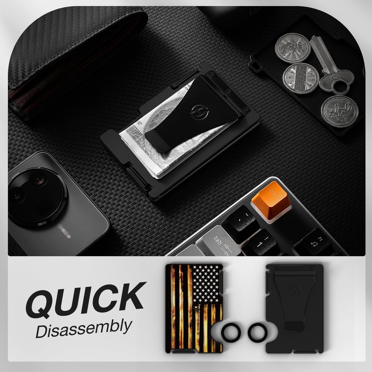 HIESGIE Minimalist Wallet for Men, Wood Grain American Flag, Mens USA Gifts, Metal Card Holder with Money Clip, Slim Front Pocket Wallet