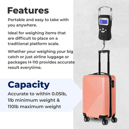 AWS Digital Luggage Scale, Fish Weighing Scale, Hanging Scale 110lb/50kg – Die-Cast Metal Construction, Built-in Tape Measure, Hook & Handle – for Travel, Fishing, Archery, Hunting, Outdoor (Black)