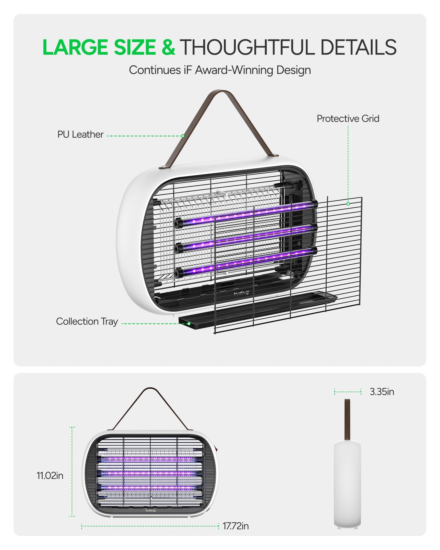 Buzbug Upgraded LED Bug Zapper Indoor, 10 Years Lifespan 3 Lamps Sustainable Less Power, 3800V Powerful Electric Mosquito Zapper, Durable Fly Trap Mosquito Trap, Fly Killer Fly Zapper -MA015PLUS