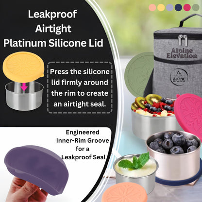 Alpine Elevation 12 Pcs - 6 Stainless Steel Containers + 6 Silicone Lids | 304 Stainless Steel Snack Container | Nesting Snack and Dip Containers | Metal Food Storage