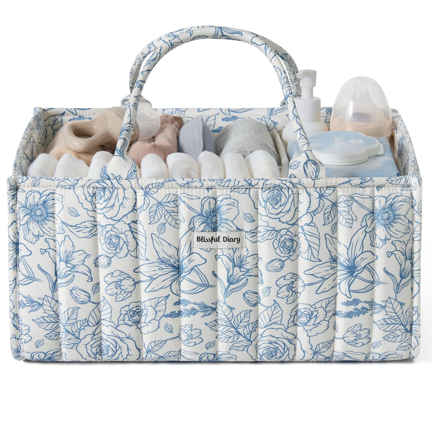 Blissful Diary Floral Diaper Caddy Organizer, Stylish Nursery Storage Basket, Gift for Baby Shower, Baby Registry Must Have, Newborn Essentials, Blue Floral