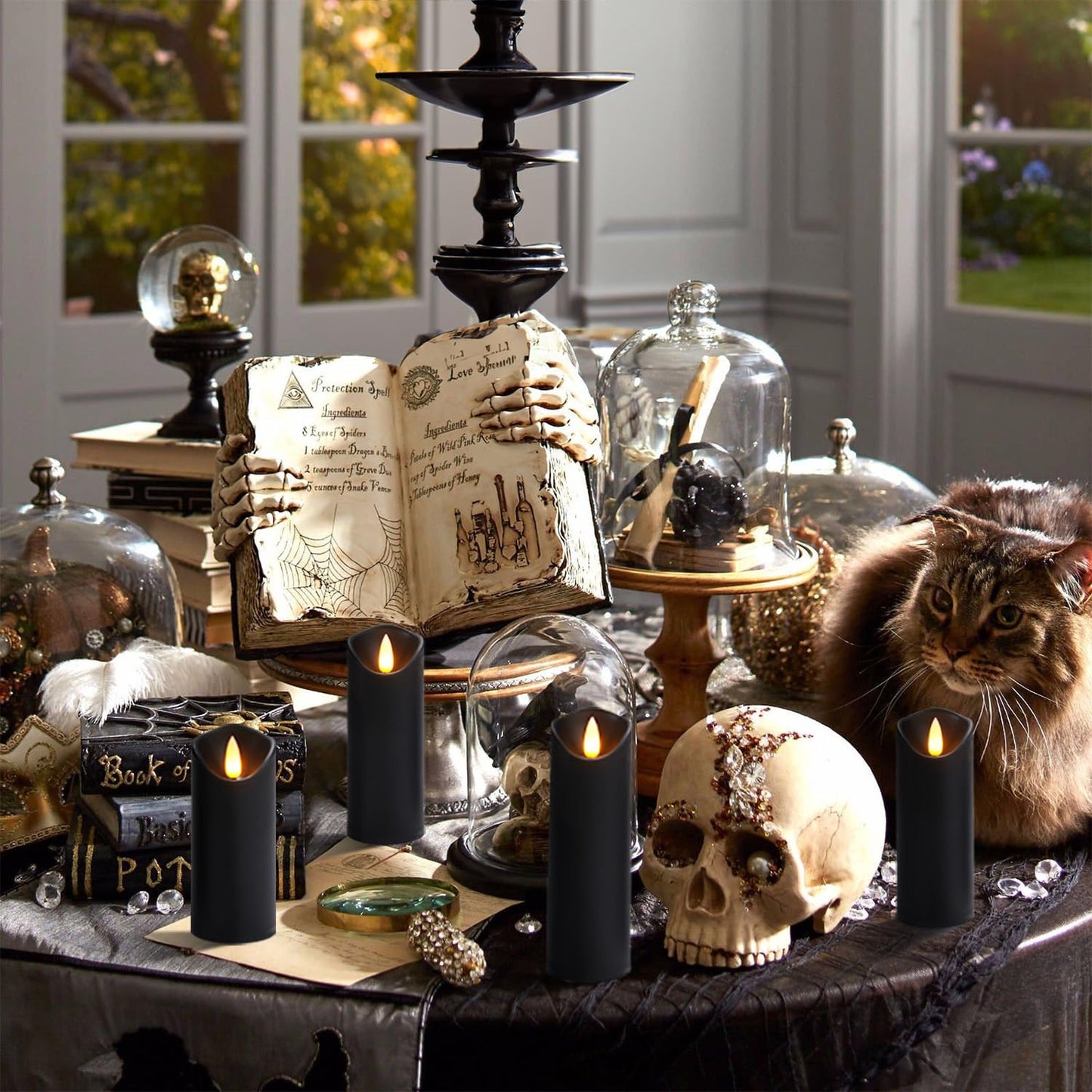 Homemory Black Flameless Candles, Halloween Candles, Battery Operated Candles, LED Pillar Candles with Remote Control and Timers, Set of 9