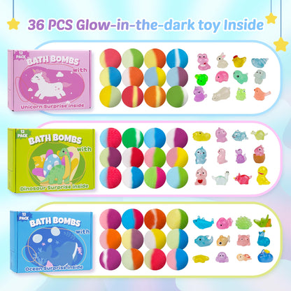 Bath Bombs for Kids with Toy Inside, 36 Pcs Bath Bombs with Glow in The Dark Dinosuar, Animal and Ocean Surprise Inside, Handmade Organic Bubble Bath Ball Gift Set for Birthday, Easter, Christmas
