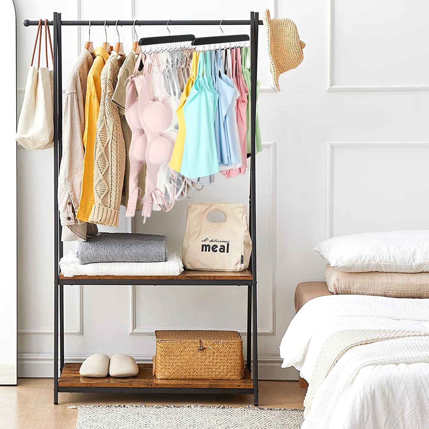 Bra Hanger for Closet, Tank Top Organizer 20 Hooks Capacity Foldable Wood Space Saving Hanger Closet Organizers and Storage for Dorm & Apartment for Tank Top, Hats, Scarf etc.