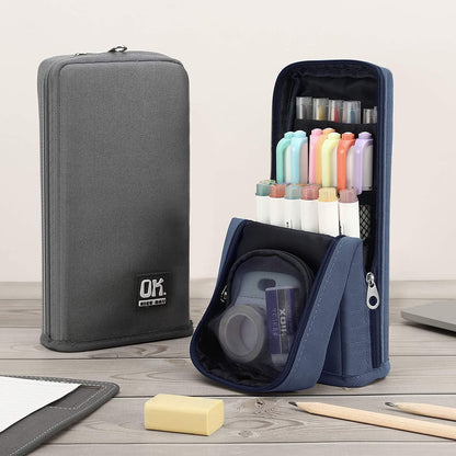 Housolution Standing Pencil Case Large Capacity Pen Bag, Multi-Layer Pen Pouch Pencil Holder Stationery Organizer, Polyester Pencil Bag Storage Box Desk Organizer, Blue