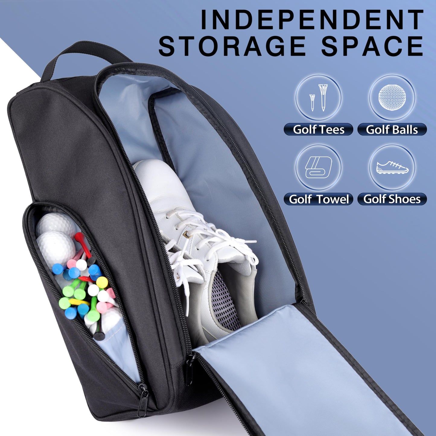 BIRDIEBLAST Golf Shoe Bag, Zipper Sports Shoe Strap Bag with Side Accessory Pocket for Storing Golf Accessories, Padded Golf Shoe Carry Bags with Clasped Strap Handle (Black)