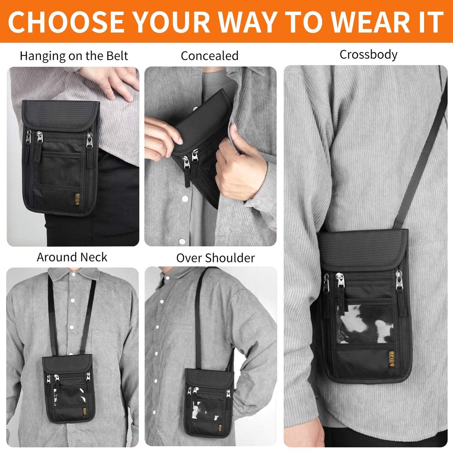 HOTEMIA Neck Wallet for Travel,Passport Holder Neck Pouch for Men Women with Adjustable Neck Strap and RFID Blocking (Orange)