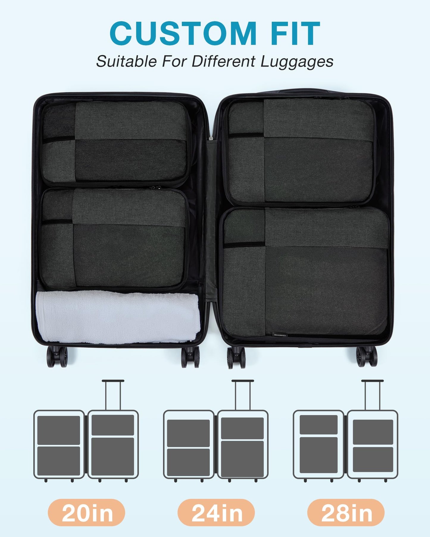 BAGSMART Compression Packing Cubes for Travel, 4 Set Packing Cubes for Carry on Suitcases, Compression Travel Cubes & Suitcase Organizer for Packing with Shoe Bag Black