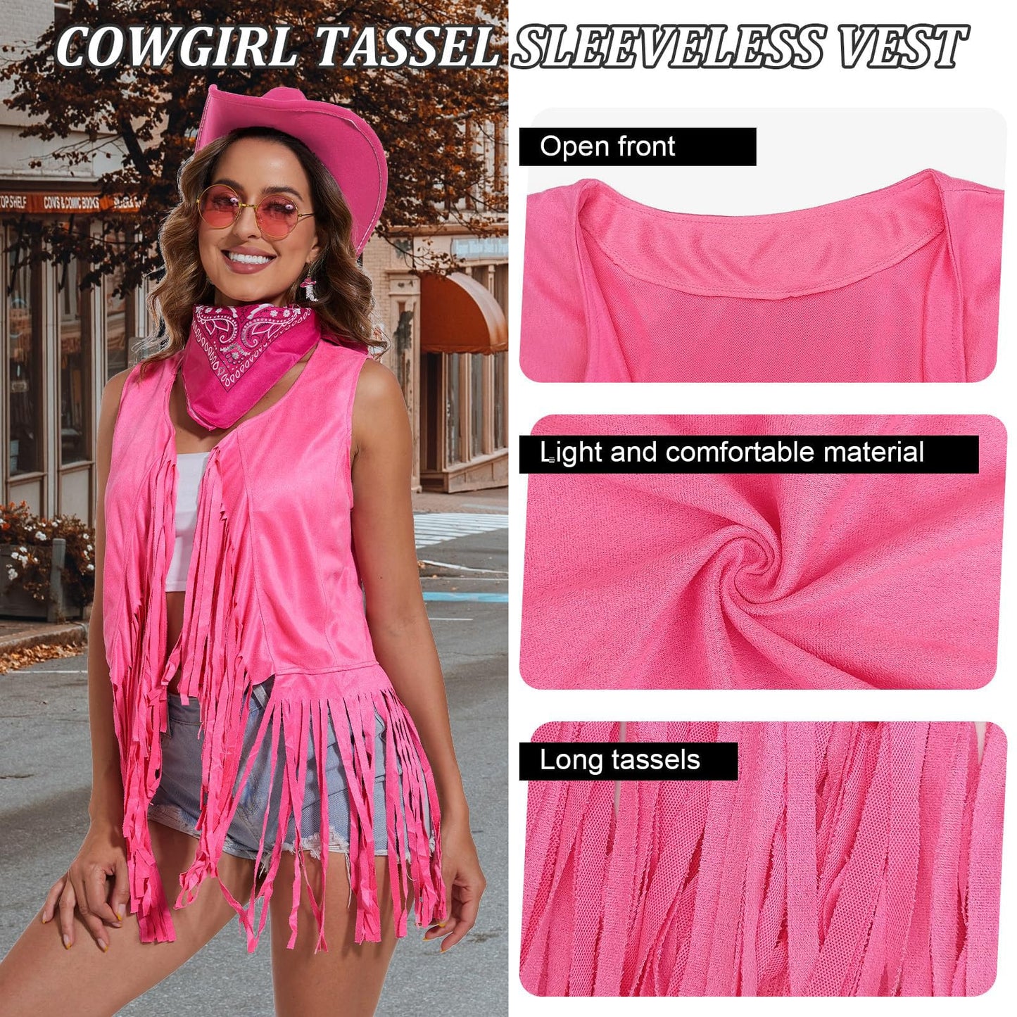 HyperFun Cowgirl Outfits for Women Western Costume Accessories Cowboy Hat Tassels Fringe Vest Earring Hippie Glasses Bandana For Halloween