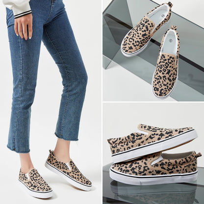 Women's Canvas Slip On Sneakers Fashion Flats Shoes White Canvas Shoes (Leopard, US5.5)