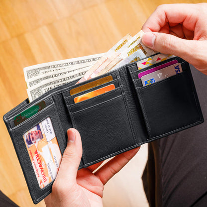 ID Stronghold Men's Leather Trifold Wallet - RFID Blocking - Black Wallet with Gift Box