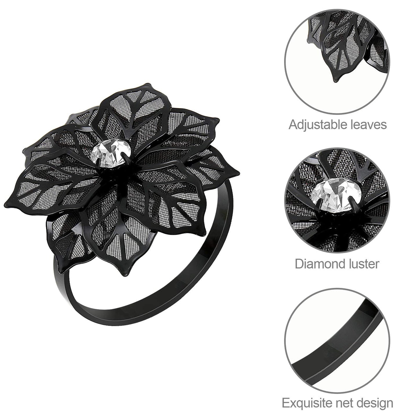 BEAVOING Pack of 18 Napkin Rings Alloy Hollow Out Flower Napkin Holder Dinning Table Napkin Ring for Dinner Parties Wedding Banquet Table Setting Family Gatherings Table Decor (Black Flower, 18)