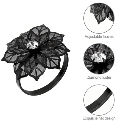 BEAVOING Pack of 18 Napkin Rings Alloy Hollow Out Flower Napkin Holder Dinning Table Napkin Ring for Dinner Parties Wedding Banquet Table Setting Family Gatherings Table Decor (Black Flower, 18)