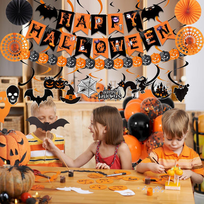 Happy Halloween Trick or Treat Banner Paper Fan Balloons & Swirl Streamers Goul Bat Cat Bird Ghost Pumpkin Lantern for Party Decorations
