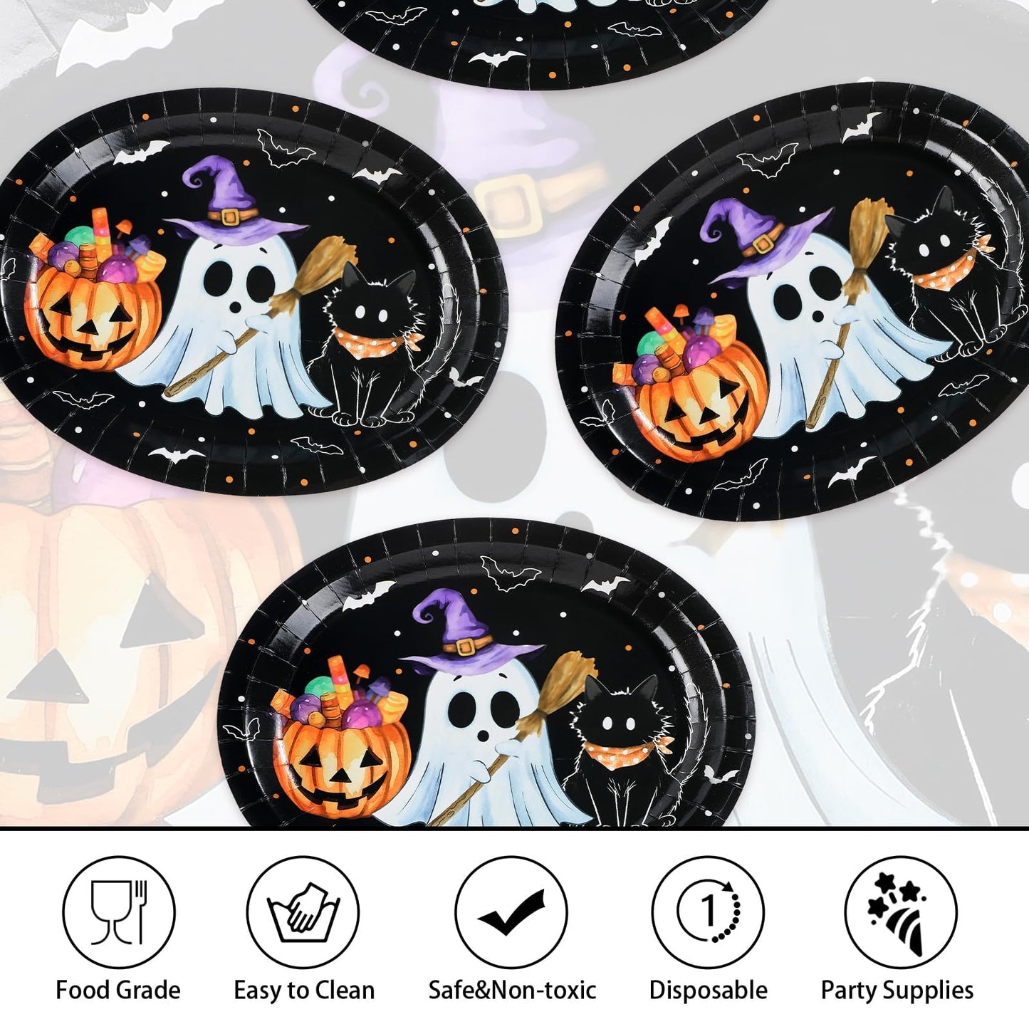 50Pcs Halloween Oval Paper Plates 10" x 12" Large Disposable Heavy Duty Cute Pumpkin Ghost Black Cat Paper Platters Jack-O-Lantern Dessert Plates for Halloween Birthday Holiday Party Supplies