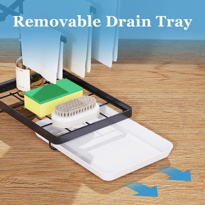 Apsan Sponge Holder with Drain Pan for Kitchen Sink, Kitchen Sink Caddy Organizer for Sponge Brush Soap Dish Dishcloth Rack, Small Black