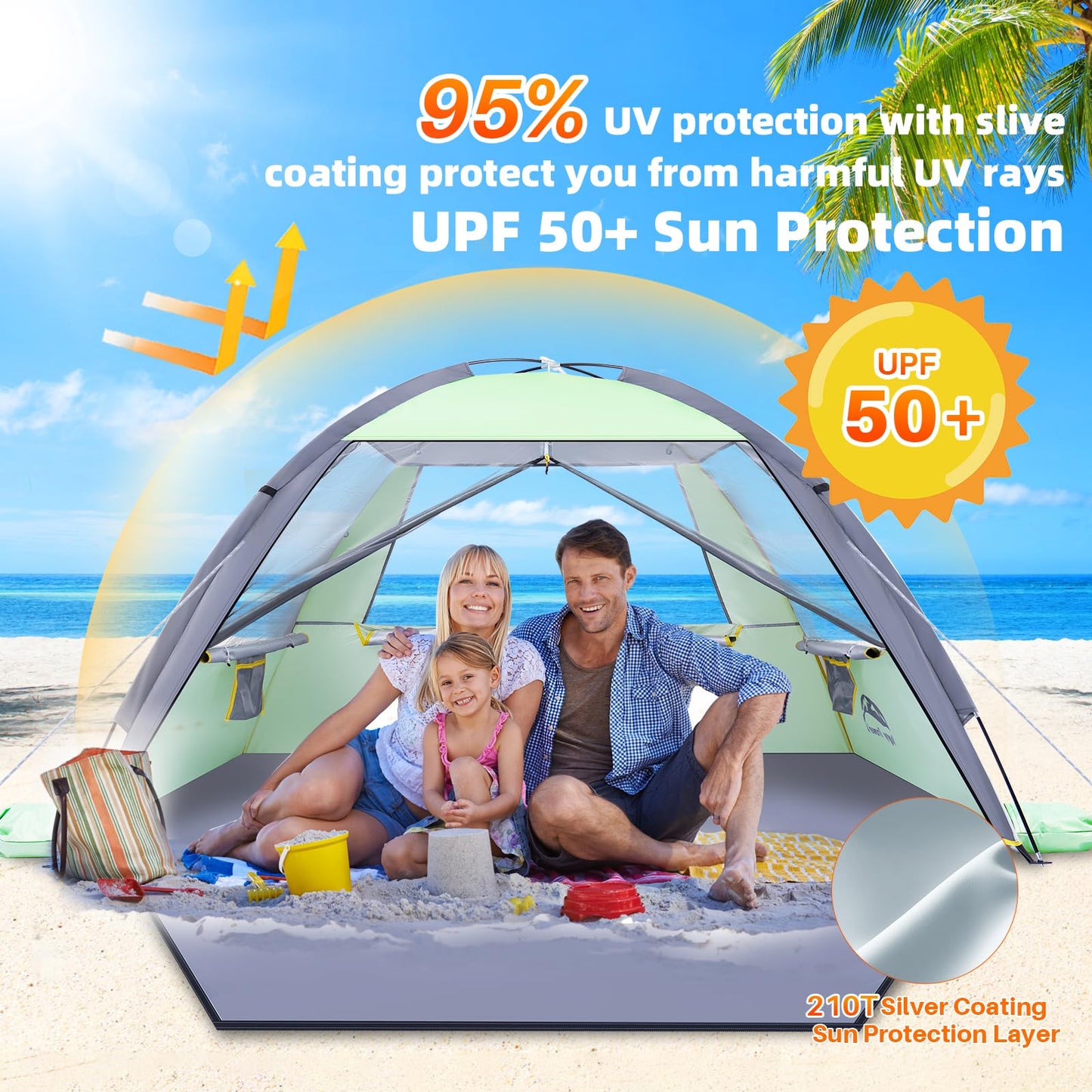 Happy Travel Beach Tent Sun Shelter for 3/4/5/6/7/8 Person, Portable UPF 50+ UV Protection Beach Shade Canopy for Family & Baby, Lightweight & Easy Setup Beach Cabana with 3 Ventilation Mesh Windows