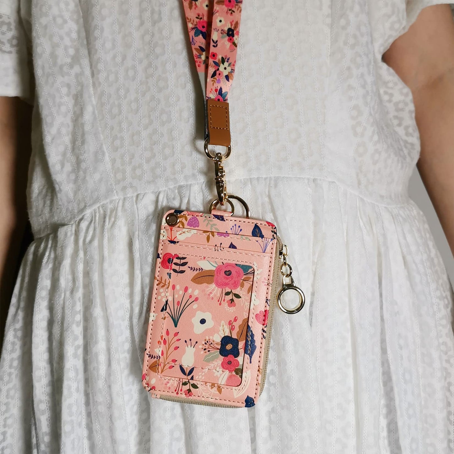 bolimoss Lanyard with Wallet,Zip ID Case with Lanyard,Lanyard Badge Holder,Lanyard Wallet for Women,Fashion Lanyard Wallet, ID Case Wallet with Lanyard（Pink Floral）