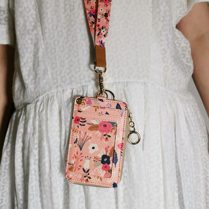bolimoss Lanyard with Wallet,Zip ID Case with Lanyard,Lanyard Badge Holder,Lanyard Wallet for Women,Fashion Lanyard Wallet, ID Case Wallet with Lanyard（Pink Floral）