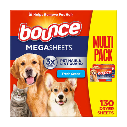 Bounce Pet Hair and Lint Guard Mega Dryer Sheets with 3X Pet Hair Fighters, Fresh Scent, 130 Count, Bounce Dryer Sheets, Fabric Softener Sheets