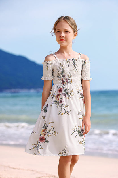 Arshiner Girl Short Sleeve Floral Print Cute Casual Fit and Party Dress White for 12-13 Years