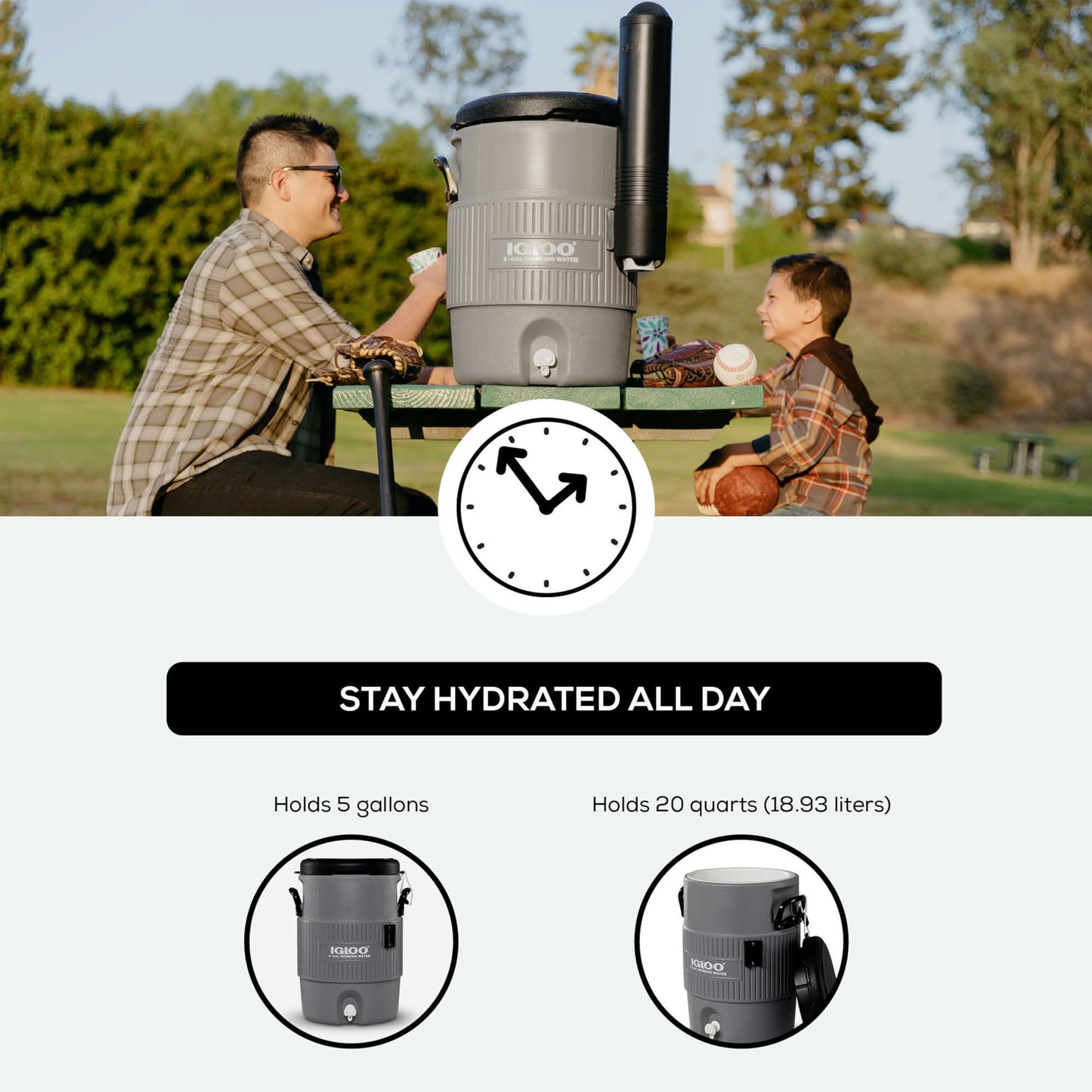 Igloo 5 Gallon Portable Sports Cooler Water Beverage Dispenser with Flat Seat Lid, Insulated Beverage Dispenser, Grey/Black
