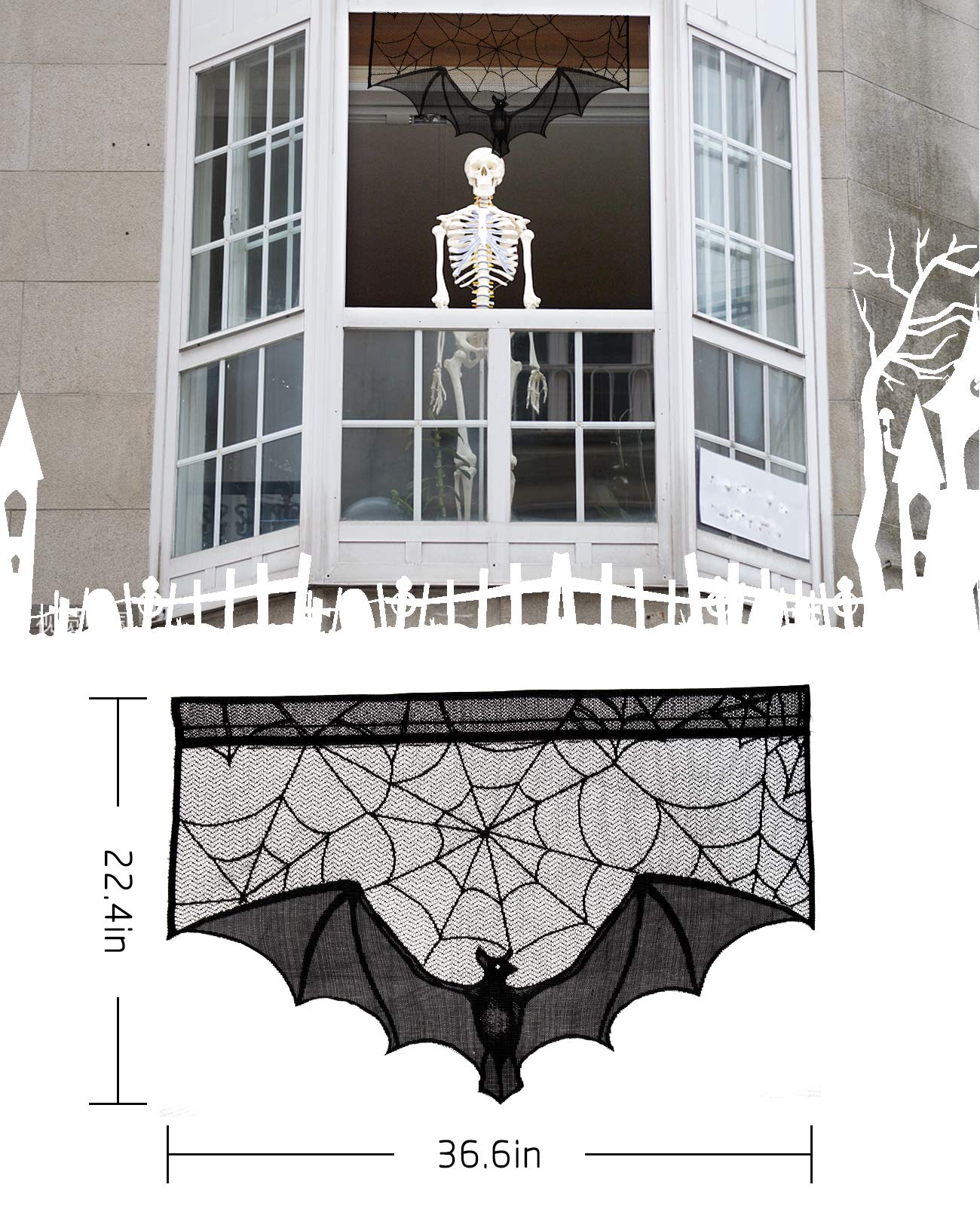 ANPHSIN Halloween Black Lace Spiderweb- 2 Pcs Bat Curtain Window Valance Cobweb Tablecloth Shower Curtains Fireplace Mantles Scarf Cover for Home Door Kitchen Bathroom Festive Party Decorations