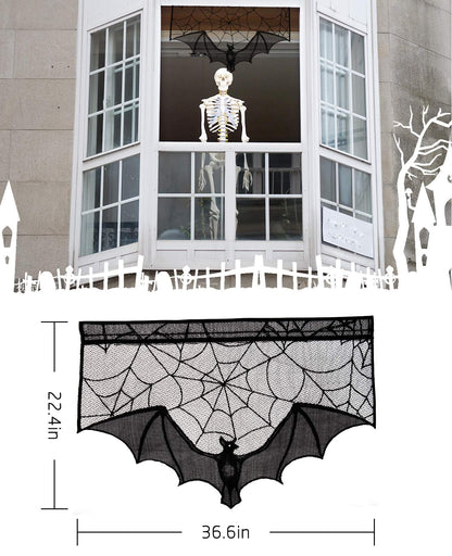 ANPHSIN Halloween Black Lace Spiderweb- 2 Pcs Bat Curtain Window Valance Cobweb Tablecloth Shower Curtains Fireplace Mantles Scarf Cover for Home Door Kitchen Bathroom Festive Party Decorations