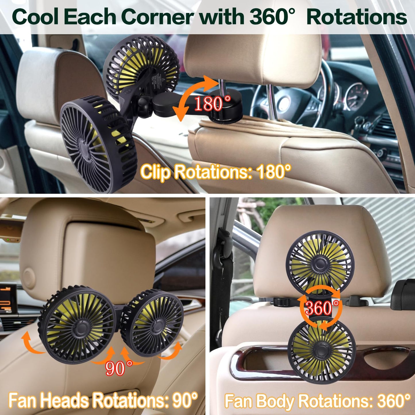 HUENLYEL Car Backseat Fan for Backseat Kids, Dual Head Usb Car Headrest Fan for Car Backseat Kids (No Battery)