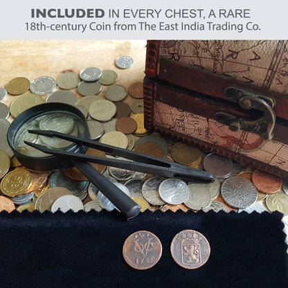 IMPACTO COLECCIONABLES Coin Collection - World Currency Treasure Chest with 2Lb. - Collectible Circulated Coins - 4.7 x 3.5 x 3.5 Decorative Wooden Box - Antique Coins for Collectors (COA Included)
