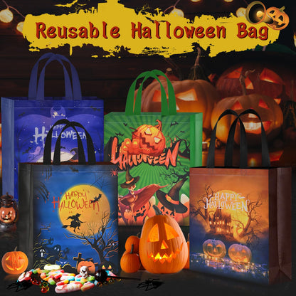 AhfuLife 6 Pcs Halloween Trick or Treat Bags, Large Candy Tote Bags with Handles, Reusable Non-Woven Gift Bag for Halloween Party Supplies Favors (15×11.8×3.9’’)