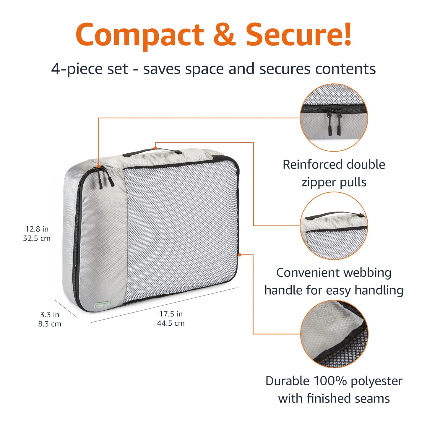 Amazon Basics 4 Piece Packing Cubes Travel Organizer Set with Double Zipper, Mesh Top, Large, Gray