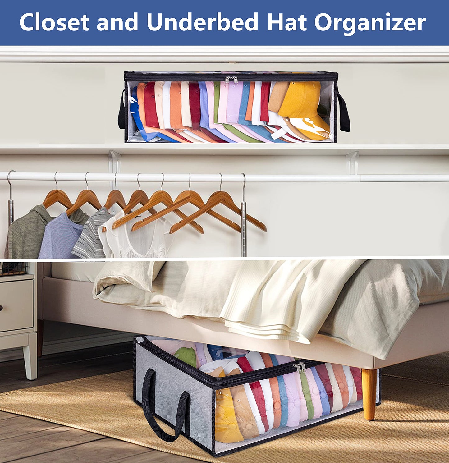 AOODA Hat Storage for Baseball Caps, Large Holds up to 40 Caps Wide Hat Organizer for Closet Snapback Holder, Grey