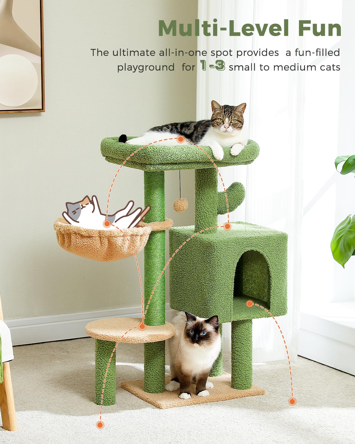 Cactus Cat Tree 35.4"- Medium Cat Tower w/Sisal Scratching Post, Cat Condo for Indoor Cats, Large Padded Top Perch, Comfy Hammock, and 2 Dangling Balls for Small-Medium Cats, Green