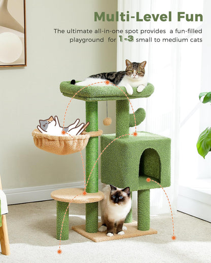 Cactus Cat Tree 35.4"- Medium Cat Tower w/Sisal Scratching Post, Cat Condo for Indoor Cats, Large Padded Top Perch, Comfy Hammock, and 2 Dangling Balls for Small-Medium Cats, Green