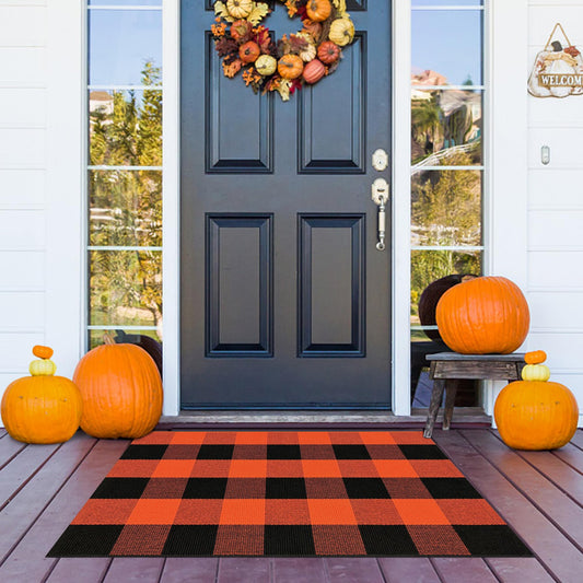 Buffalo Plaid Outdoor Rug Orange and Black 2x3 Cotton Woven Checkered Area Rug Washable Halloween Front Porch Doormat Layered Fall Outdoor Mats for Front Door Autumn Farmhouse Entryway Patio Decor