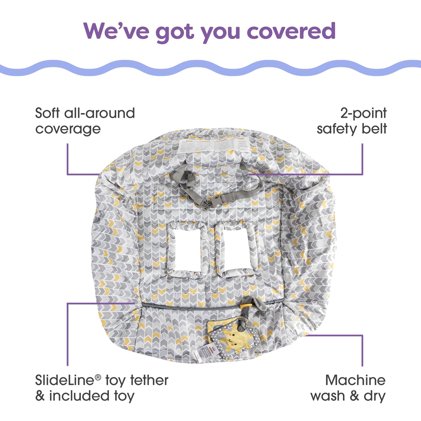 Boppy Shopping Cart Cover, Sunshine Chevron, Cart Cover for Babies with Soft 360-Degree Coverage, Safety Harness, and SlideLine Toy Tether with Crinkle Sun Book Toy Included, 6mo+