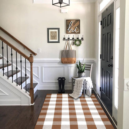 Buffalo Plaid Outdoor Rugs, 4'x6' Coffe and White Checkered Area Rug, Layering Rug for Hello/Welcome Door Mat, Washable Cotton Woven Farmhouse Mat for Front Porch Décor