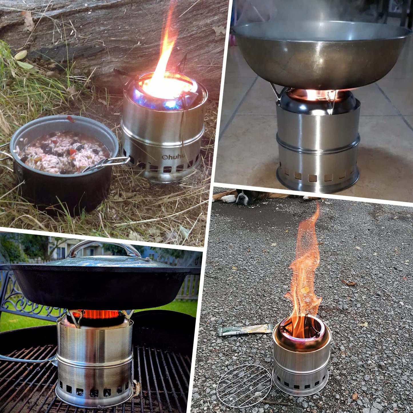 Camping Stove, Ohuhu Camp Stove Wood Burning Stove Stainless Steel Stoves Mini Portable Stove for Camping Picnic BBQ Backpacking Hiking Survival Emergency Cooking Outdoor with Grill Grid Carry Bag