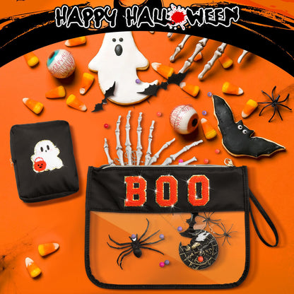 Hillban 2 Pcs Summer Halloween Gifts Chenille Letter Bags Boo Patch Makeup Bag Spooky Pumpkin Flat Clear Pouch PVC Organizer Purse Waterproof Travel Cosmetic Bag Portable Storage Case for Women