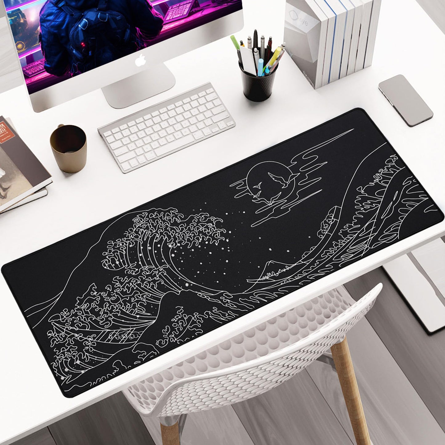 ALOANES Waterproof Mouse Pad, XL Gaming Keyboard Pad with Anti-Slip Base, Grain Jacquard Surface, Extend Desk pad for Gamer, Office & Home, Sea Wave Mousepad 31.5''x 11.8''x 0.12''