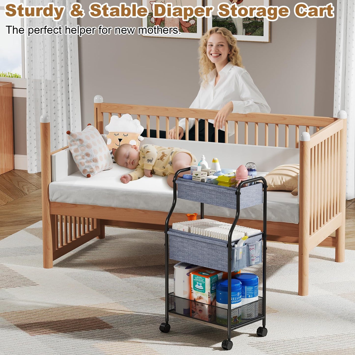 3-Tier Baby Diaper Caddy Organizer and Storage Cart with 4+2 Dividers, Mobile Metal Utility Cart with Rolling Wheels for Nursery Essentials, Large Capacity Rolling Carts for Crib, Bedroom, Bathroom