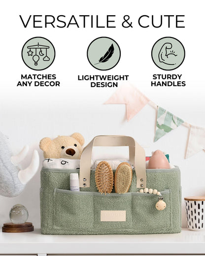 Baby Diaper Caddy Organizer with Portable Changing Mat - Teddy Fleece Diaper Organizer for Changing Table - Baby Basket for Diaper Changing Essentials - Baby Caddy Organizer with Removable Dividers