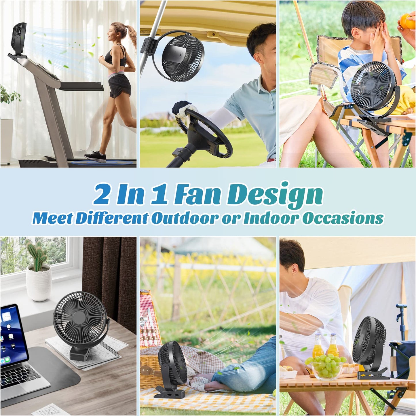 ATEngeus USB Desk Fan, Rechargeable Portable Fan, 8-Inch Clip on Fan, 10000mAh Stroller Fan, 4 Speeds Strong Airflow, 720° Rotation, with Sturdy Clamp, Suitable for home, office and stroller