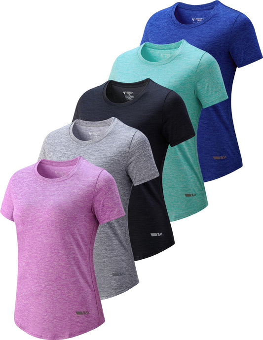 5 Pack: Women's Dry Fit Short Sleeve T Shirts, Athletic Workout Tee Tops for Gym Yoga Running (Set 8, Large)