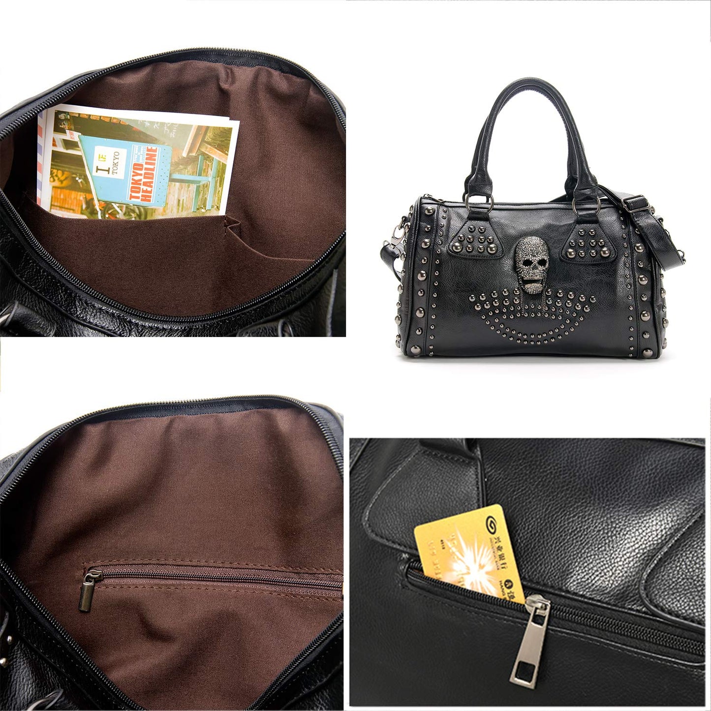 Women Skull Handbag Tote Purse Large Capacity Gothic Shoulder Bag with Strap Studded Doctor Handbag, Black